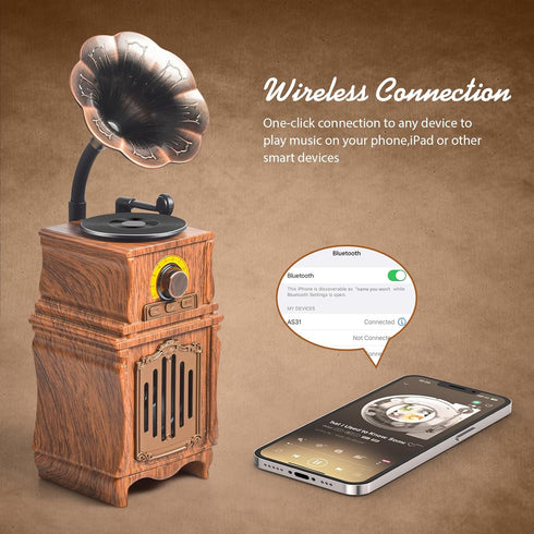 Retro Bluetooth Speaker, FM Radio, Wireless Connect, Bass, USB/TF/AUX Player, Portable Rechargeable Vintage Radio for