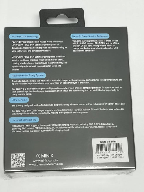 MINIX NEO P1 Mini 33W PPS 2-Port GaN Charger, 1 USB-C Fast Charger and 1 USB-A Quick Charger 3.0 for iPhone and Galaxy
