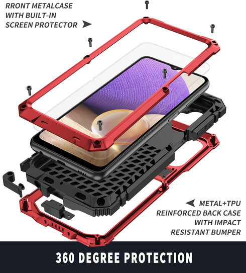 Aluminum Metal Waterproof Case for Samsung Galaxy A32 5G, Shockproof Heavy Duty Protector with Built-in Kickstand, Red