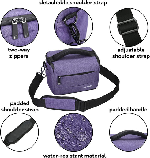 G-raphy Waterproof Camera Bag, DSLR SLR Messenger Bag with Pu Leather Handle for Photography Accessories (Purple)