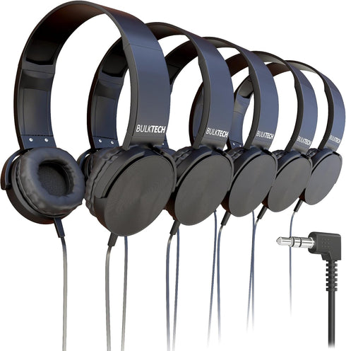 Wired On-Ear Leather Headphones, 3.5mm Connector, Round Metal Housing, Bulk Wholesale, Black Color, 5 Pack
