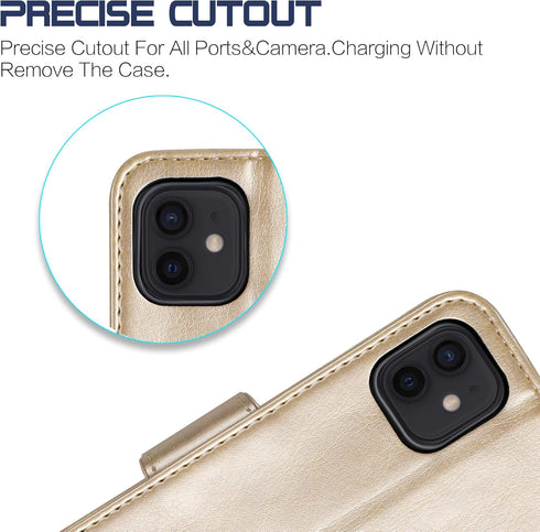 Arae Wallet Flip Cover for iPhone 12 and iPhone 12 Pro - Card Holder and Wrist Strap, Champagne Gold
