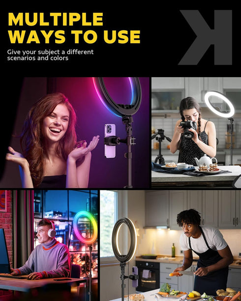 Kaiess 10.2" Selfie Ring Light with 65" Adjustable Tripod Stand & Phone Holder for Live Stream/Makeup, Dimmable LED