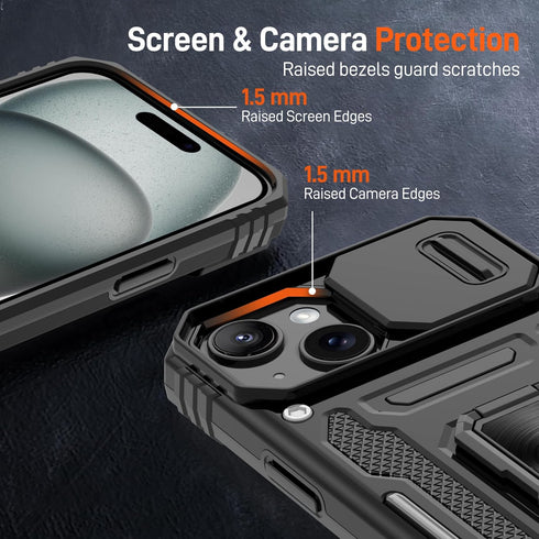 Gritup 15 2-Pack 360 for iPhone Case with Slide Camera Cover | HD Screen Protectors | Rotating Metal Kickstand |