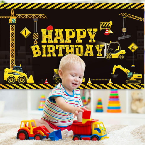 Tatuo Construction Theme Birthday Banner, 6.1 x 3.6 ft, Photography Party Supplies for Kids Boys Birthday Decoration