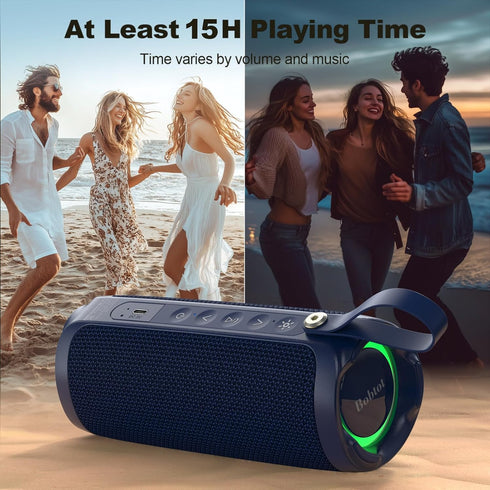 Bobtot IPX6 15W 15H Portable Bluetooth Speaker, Waterproof Speaker with Punchy Bass, Loud Sound, RGB, Playtime, Dual