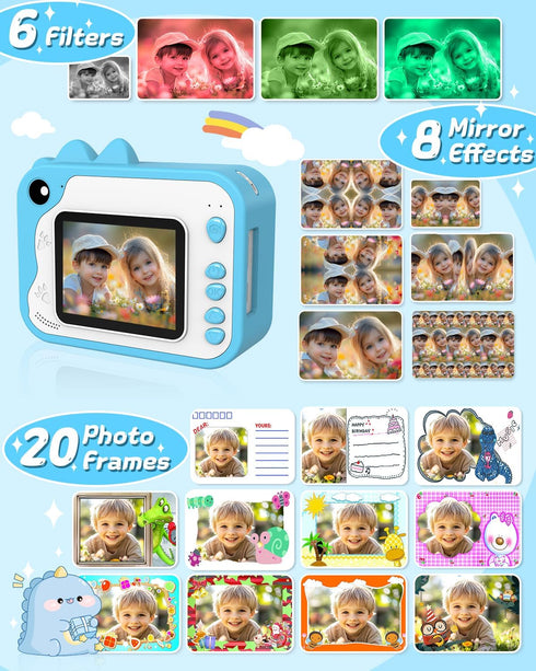 Kids Instant Print Camera, 1080p Ink Free Printing Dinosaur Camera for Ages 3-12, Christmas Birthday Gifts, Blue