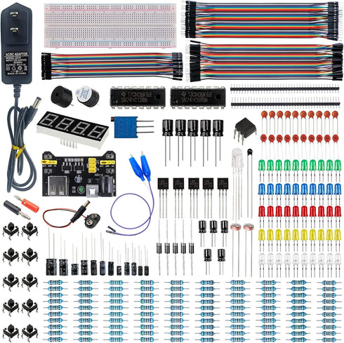 Upgraded Electronics Component Fun Kit, Power Supply Module, Jumper Wire, 830 Breadboard, LED, Capacitor, Diode,