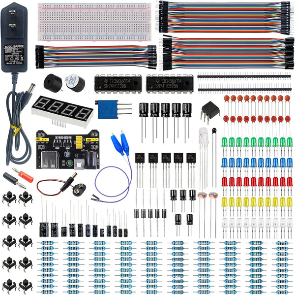 Upgraded Electronics Component Fun Kit, Power Supply Module, Jumper Wire, 830 Breadboard, LED, Capacitor, Diode,