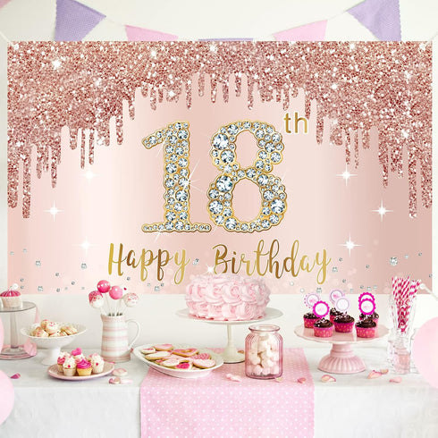 Sweet 18th Birthday Banner Backdrop Decorations for Girls, Rose Gold 18 Birthday Party Sign Supplies, Pink 18 Years Old