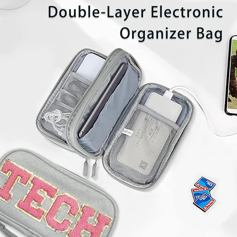 Electronics Accessories Organizer Bag | Compact Waterproof Case with Chenille Letter Patch TECH for Women