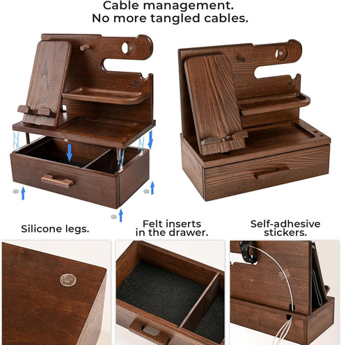 TESLYAR Wood Phone Docking Station with Drawer, Desk Accessories & Workspace Organizer for Nightstand (Brown)