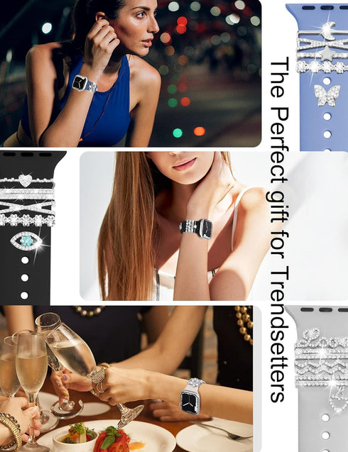 JR.DM 11-Pcs Super Bling Watch Charms with 9-Pcs Decorative Rings, Compatible with Apple Watch Band Accessories