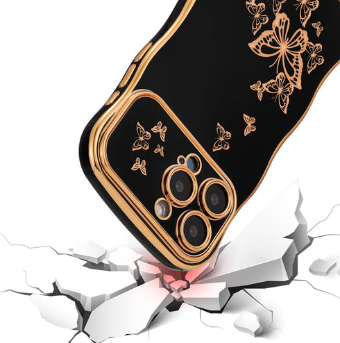 ZTOFERA Cute Curly Wave Frame Case for iPhone 13 Pro Max, Luxury Plating Butterfly Pattern, Soft TPU Shockproof (Black)