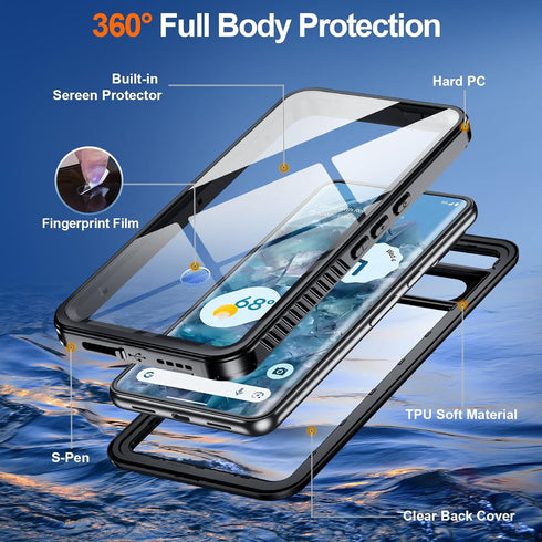 Hualele Pixel 8 Pro Case, Rugged Full Body Sealed Heavy Duty Shockproof IP68 Underwater Cover with Built-in Screen and