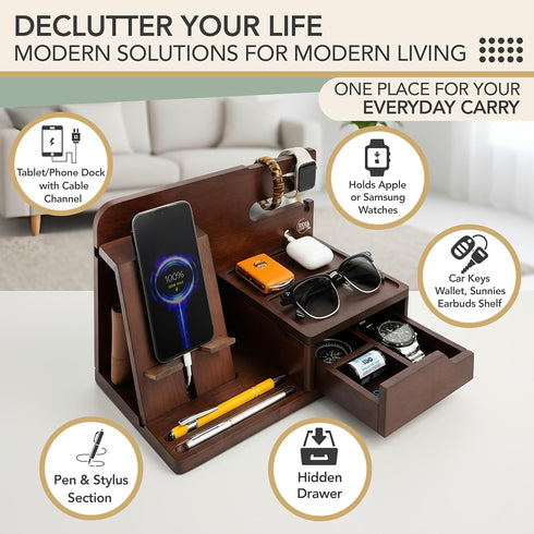 Nightstand Organizer- Bedside Docking Station for Men- Unique Gifts for Husband, Father or Dad from Wife, Son