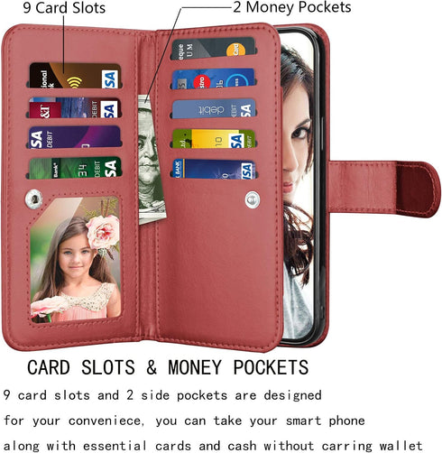 Njjex iPhone 12 Pro Max Wallet Case - 9 Card Slots, PU Leather, Detachable Kickstand (Wine Red)