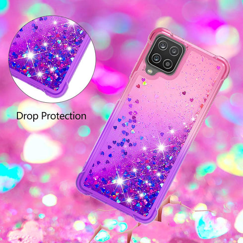 Samsung Galaxy A12 Case with Tempered Glass Screen Protector, Glitter Bling Floating Liquid Soft TPU Cover