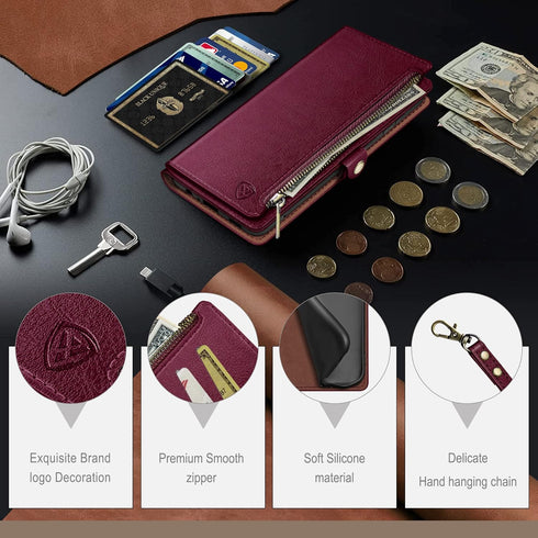 XcaseBar 13 6.1" 13 compatible with iPhone Wallet case with Zipper Credit Card HolderRFID Blocking,Flip Folio Book PU