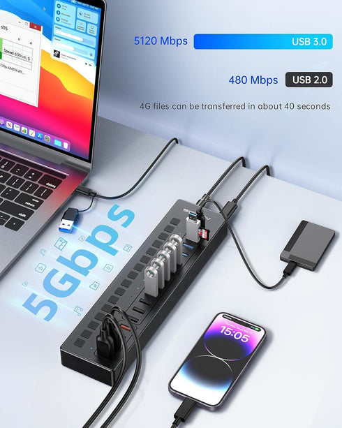 Powered USB 3.0 Hub, ACASIS 16 Port USB Hub with 60W Power Adapter, Wall Mount Support for PC and Laptop