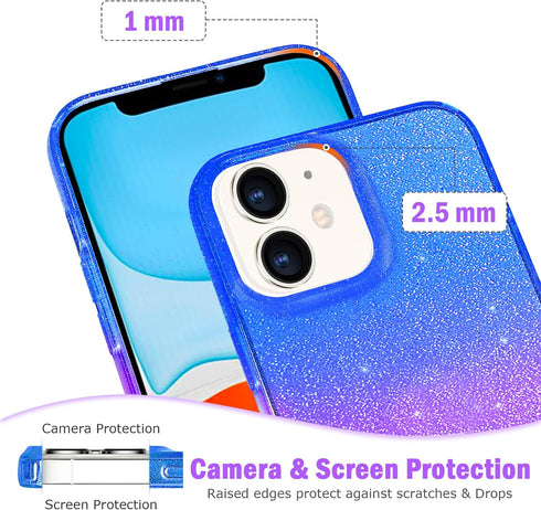 JJGoo iPhone 11 Case, Blue & Purple Gradient Clear Glitter Sparkle Shock Absorption Protective Phone Case for Women