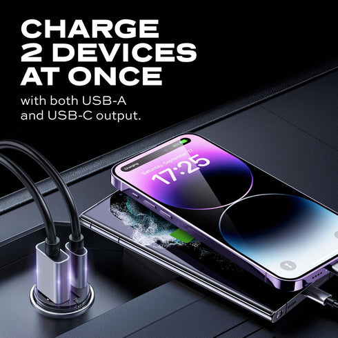 STATIK Dual Car Phone Charger for Cigarette Lighter Plug, 12v - 24 V Fast Charging, USB C & USB A Power Adapter for