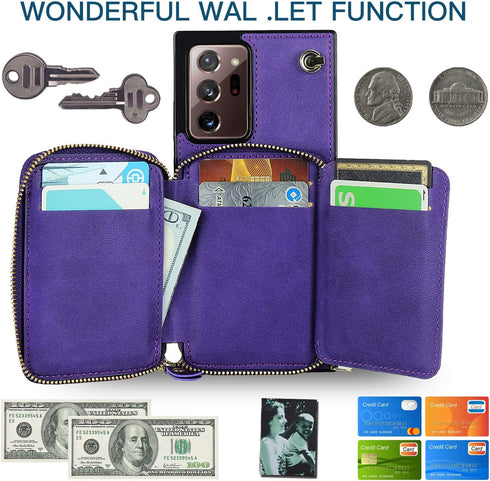 Asuwish Samsung Galaxy Note 20 Ultra 5G Wallet Case, Leather Cover with Zipper Slot, Screen Protector, Purple.