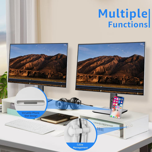 Dual Monitor Stand Riser for 2 Monitors, Adjustable Wooden Desktop Organizer Stand with Smartphone Holder, White