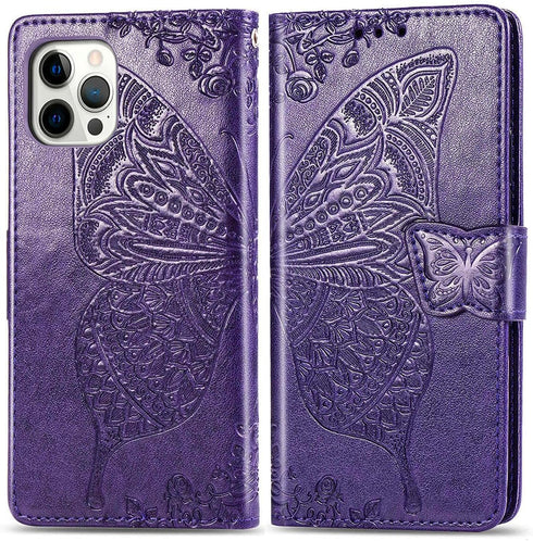 iPhone 12 Pro/iPhone 12 Wallet Case, Women Flip Folio Cover with Butterfly Embossed PU Leather, Purple