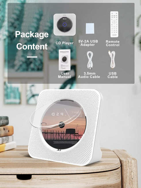 Jimwey Portable CD Player with Bluetooth, HiFi Speakers, FM Radio, Remote Control, LED Display, Supports
