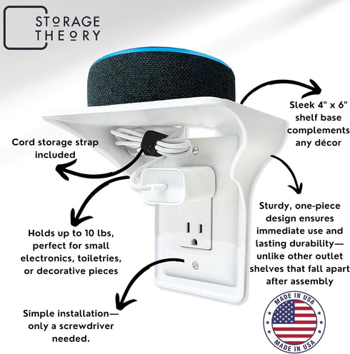 BeraTek Industries Power Perch Outlet Shelf Small Wall Shelf for Home Organization, White, 1-Pack for Homepod Mini,