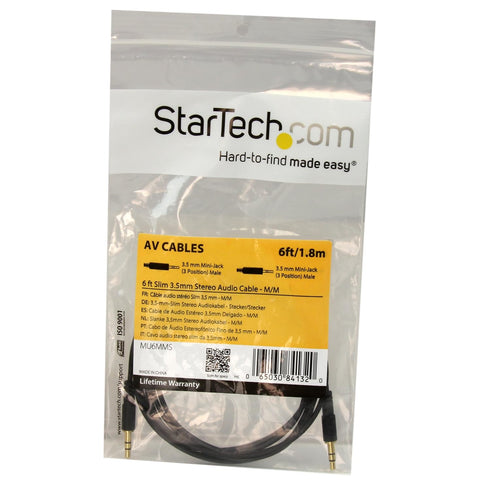 StarTech.com 6 ft Slim 3.5mm Stereo Audio Cable - M/M, 3.5mm Male to Male Audio Cable for Smartphone, Tablet, MP3 Player