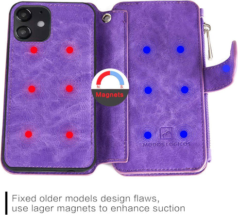 MODOS LOGICOS Detachable Wallet Folio Compatible with iPhone 12 Mini, Purple PU Leather Purse with Zipper