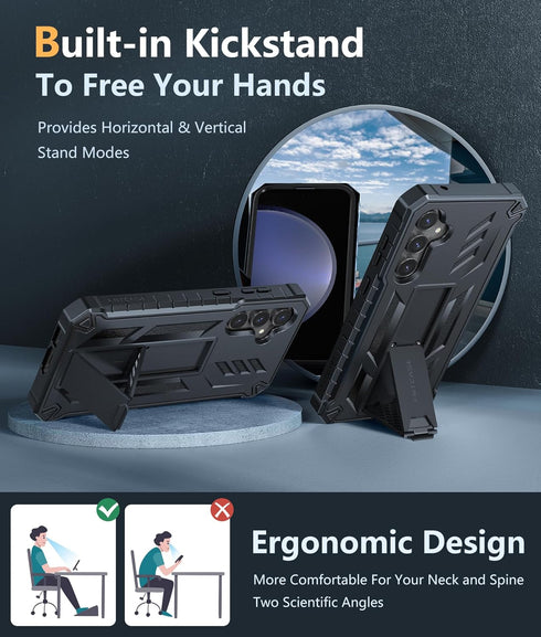 FNTCASE Galaxy S23 FE Case: Military Grade Shockproof TPU Cover with Kickstand & Screen Protector - Black Full