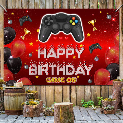 Video Game On Happy Birthday Backdrop Banner Decorations for Boys Kids, Red and Black Level Up Theme