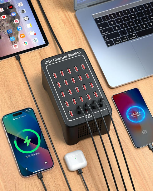 USB Charging Station, 25 Port 125W (25A), Travel Desktop Rapid Charger, Multi Ports Fast Charging Station for Devices