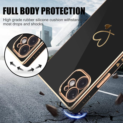 Luxury Square Case for iPhone 11, Cute Gold Love Heart Pattern Cover for Women & Girls - Black