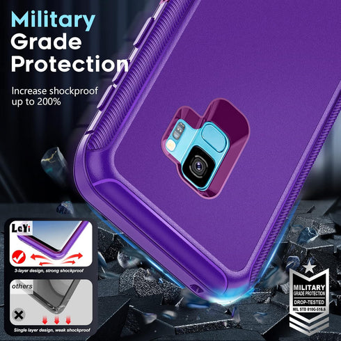 LeYi Purple Case for Samsung S9, 3 in 1 Full Body Shockproof Rubber Dustproof Rugged Protection Phone Cover