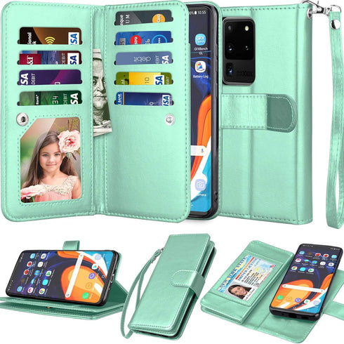 Njjex Galaxy S20 Ultra 5G Wallet Case, PU Leather Flip Cover with 9 Card Slots, Detachable Kickstand, Mint