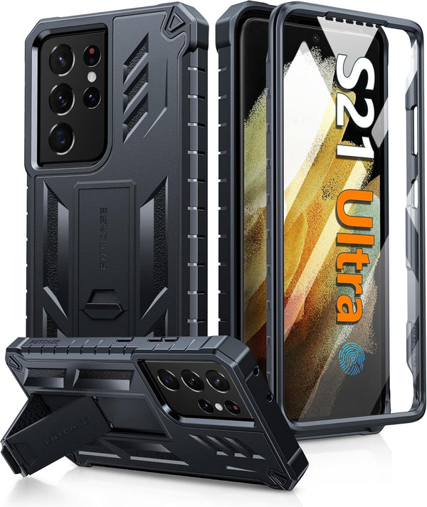 FNTCASE Samsung Galaxy S21 Ultra Case: Rugged Military Grade Shockproof TPU Cover with Kickstand, Matte Black, 6.8"
