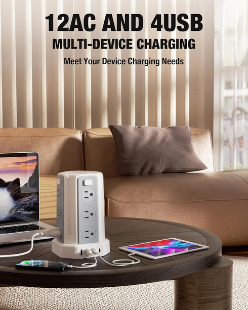 Power Strip Surge Protector, 10 Ft Extension Cord with 12 AC Outlets, 4 USB (1 USB C), White Desktop Charging Station