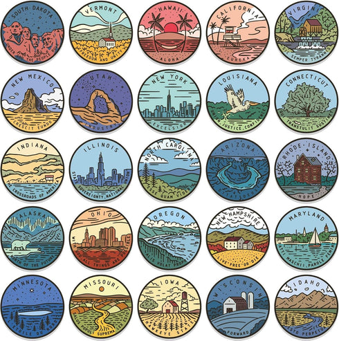 USA States Stickers Pack, 50Pcs Travel Landscape Vinyl Waterproof Decals for Luggage and Water Bottles
