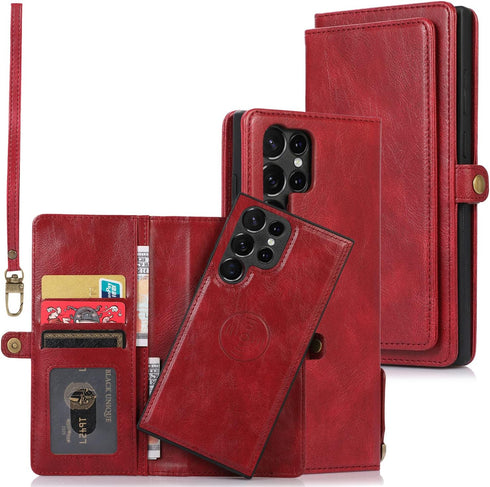 Asuwish Wallet Detachable Cover for Samsung Galaxy S23 Ultra 5G, Leather Flip Credit Card Holder with Magnetic Back, Red