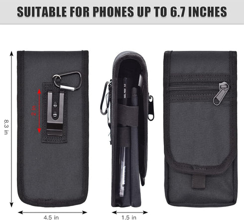 Dual Phone Holster,Belt Phone Pouch, Large Smartphone Pouch Cell Phone Holder, Multi-Purpose Tactical Cell Phone Holder for Work, Hiking, Camping, Barbecue, Rescue (Black)