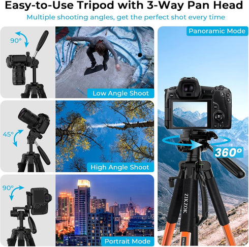 Tripod 75" Camera Tripod, Lightweight Travel Cell Phone Tripod with Wireless Remote, Professional Aluminum Tripod for