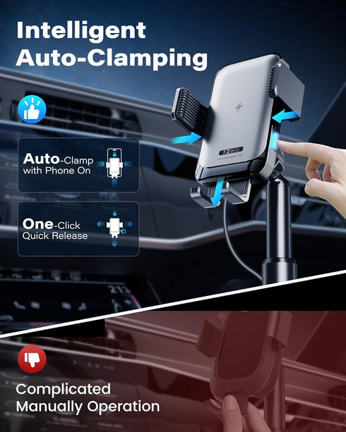 1Zero Auto Clamping Wireless Car Charger Sturdy Cup Holder Phone Mount 15W Fast Charging for iPhone 15 Pro Max Plus 14