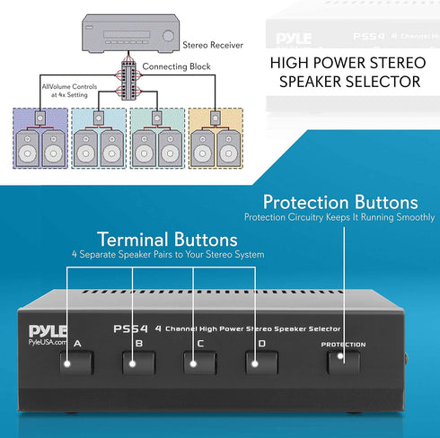 Pyle 4-Zone Channel Speaker Switch Selector - Premium Switch Box Hub for Multi-Channel High Powered Stereo Amp, 4 Pairs