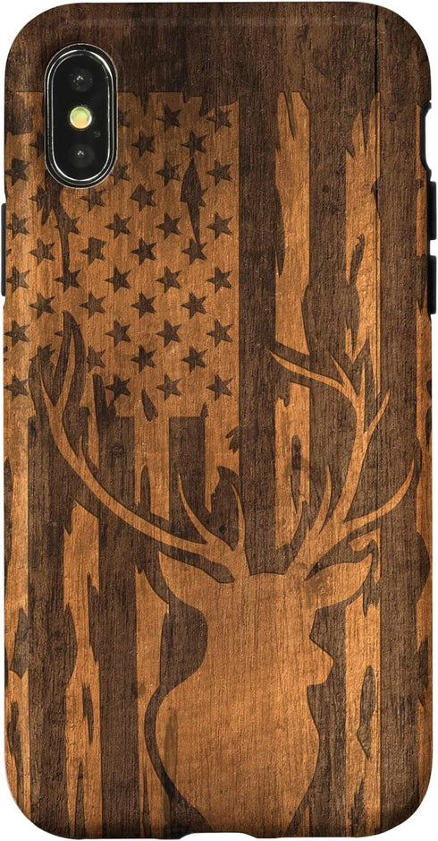iPhone X/XS Case with Deer Buck and Flag on Wood-like Background