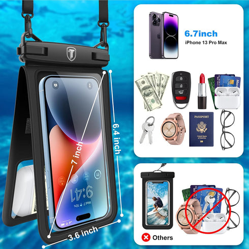 Double Space Waterproof Phone Pouch Case for Samsung Galaxy S24/S23/S22/S21/S20, Cellphone Dry Bag - 2 Pack (Black)