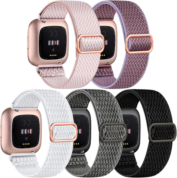 DaQin 5 Pack Elastic Sport Nylon Band for Fitbit Versa 2, Adjustable Stretchy Solo Loop Wristband for Smartwatch